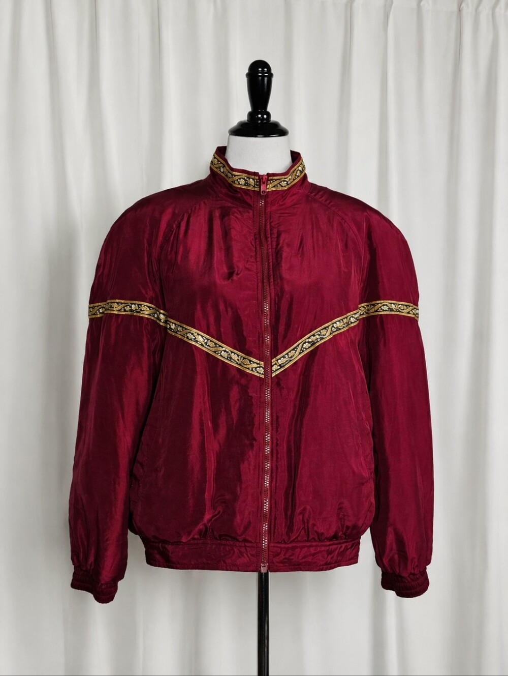 Silk Express 80s Burgundy Silk Bomber Jacket Gold Ribbon Trim Full Zip Front